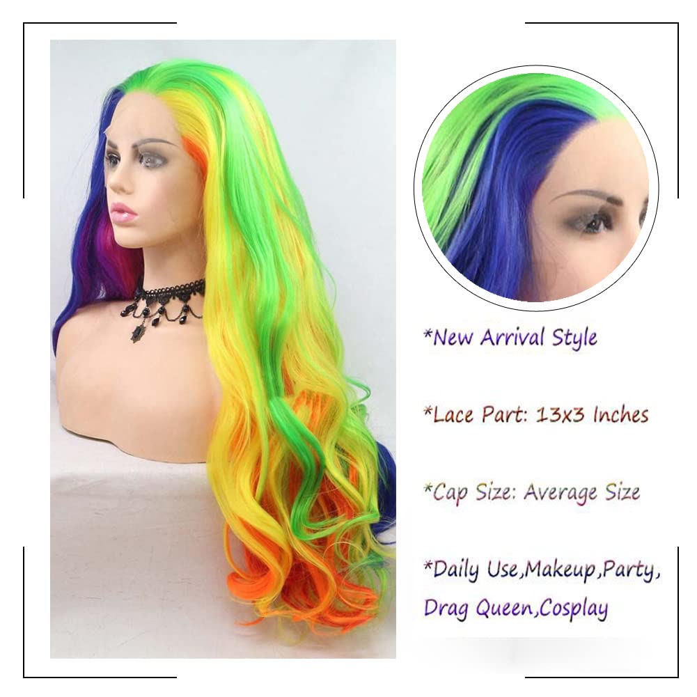 Regenbogen-Perücke für Damen, lang, gewellt, bunt, Regenbogen-Perücke, Orange, Gelb, Blau, Grün, Rosa, Lila, Rot, mehrfarbig, klebefrei, hitzebeständige Faser, Lace-Front-Perücke für Cosplay
