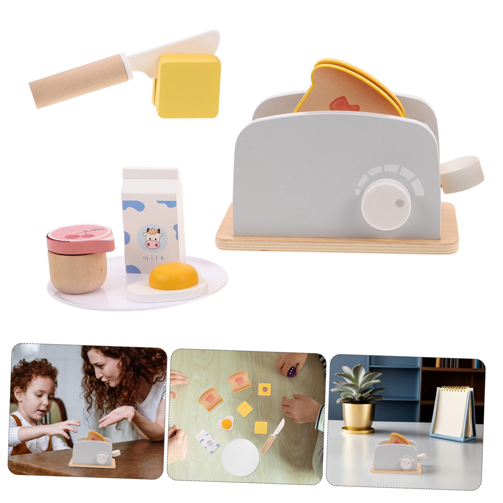 Mikinona Gioco Cucina Educativo con Macchina per Pane in Legno Accessori Colazione Miniatura Coltello in Legno e Marmellata Giocattolo per Gioco di Ruolo e Sviluppo Coordinazione