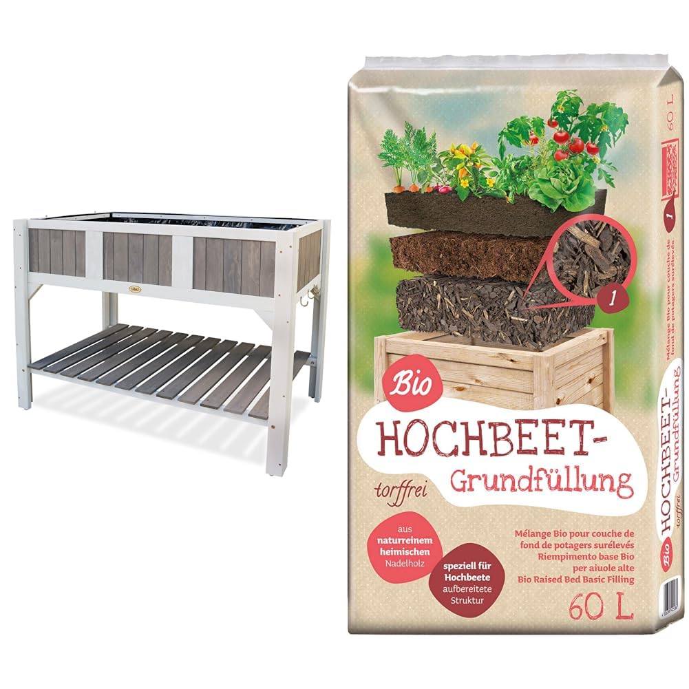 Habau Klara Hochbeet, weiß/grau & Universal Bio Hochbeet-Grundfüllung 60 Liter