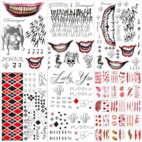 35 Sheets Large-size Halloween Temporary Joker Tattoos, Halloween Fake Scar Tattoos, Halloween Fake Joker Tattoos Stickers - Perfect for Halloween, Parties, Cosplay and Costumes