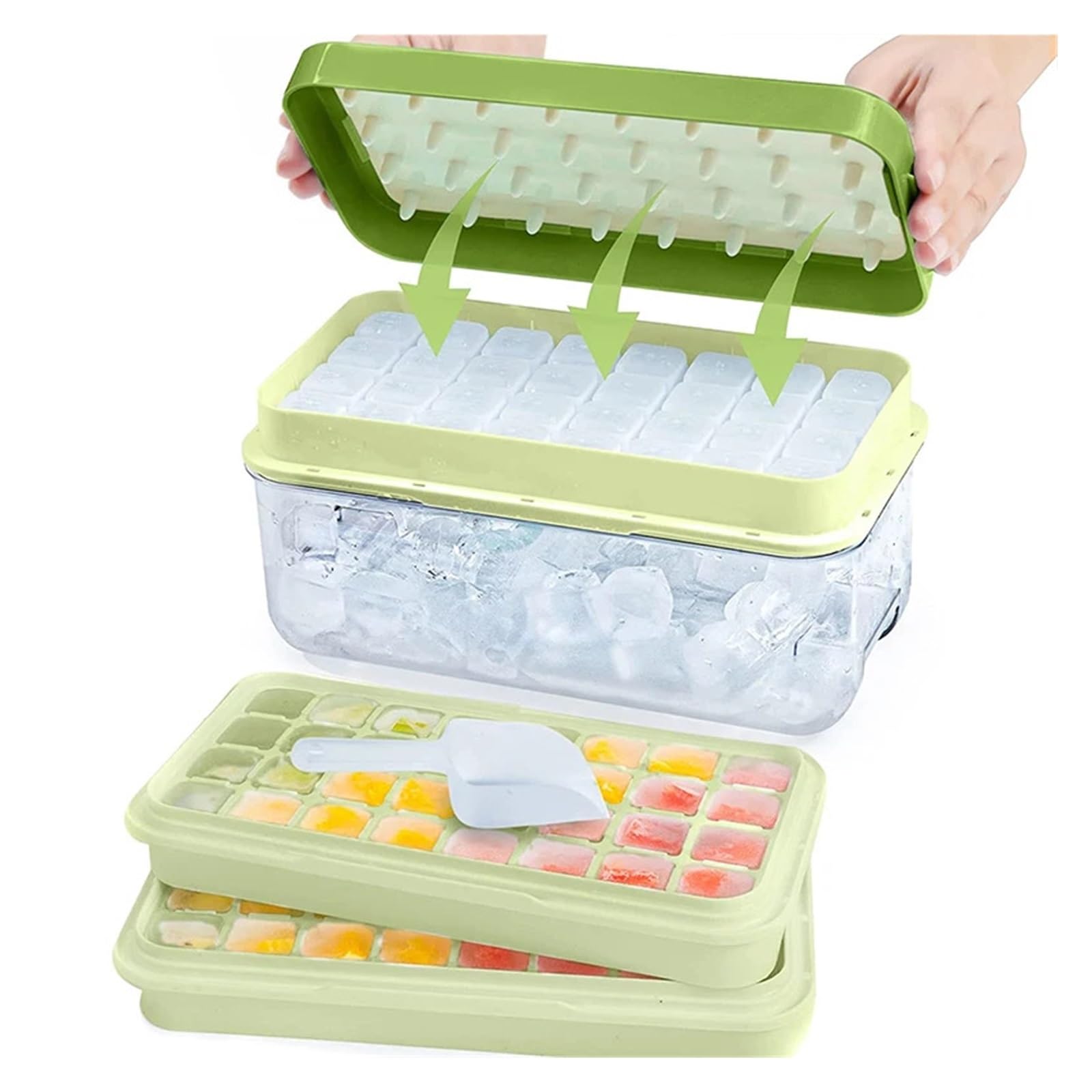Molde Hielo Bandeja de cubitos hielo con 2 bandejas apilables, moldes silicona compartimento for congelador, 64 nuggets