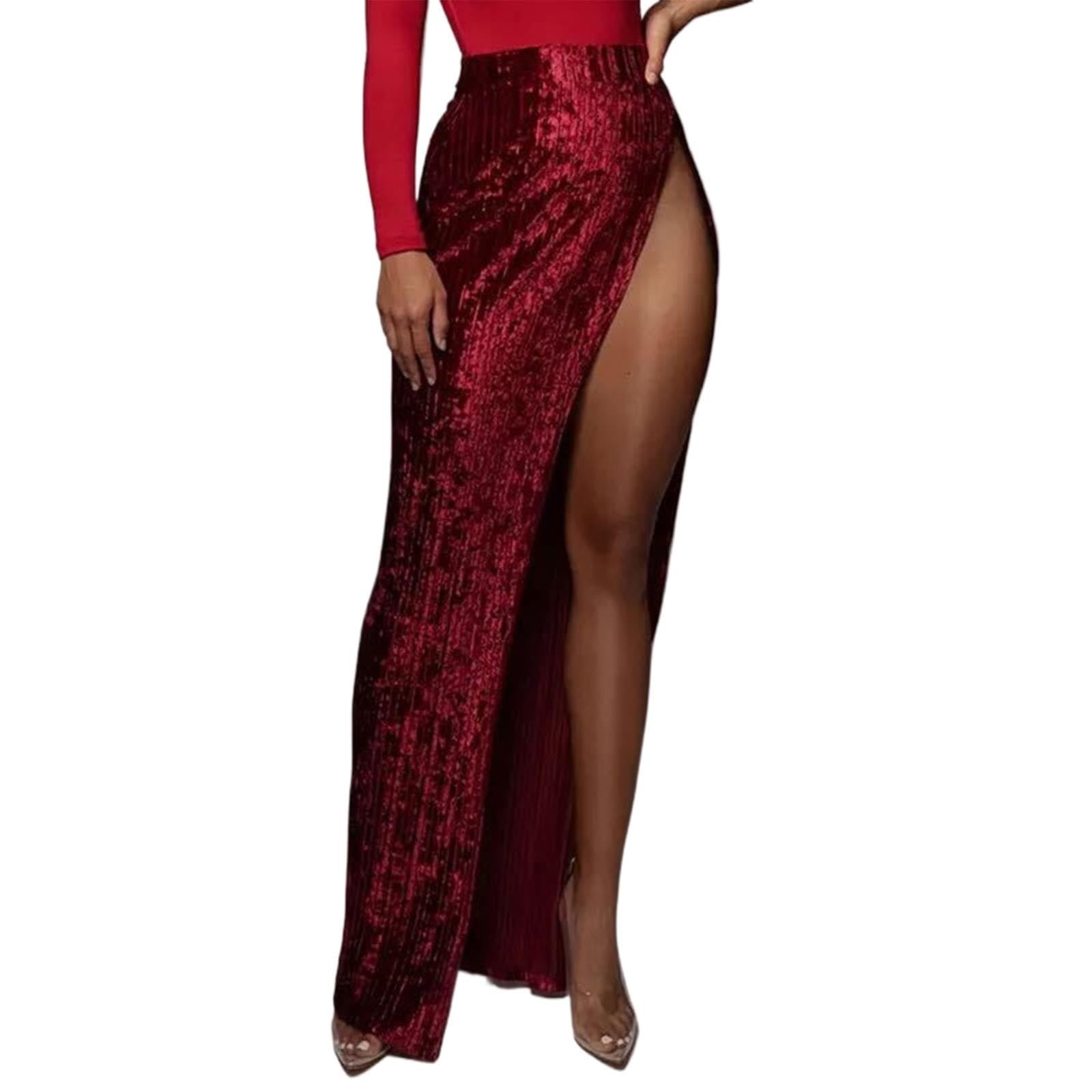 Femmes Printemps Minceur Rayures Élégant Haute Split Paillettes Couleur Unie Jupe Pantalon avec Cousu, Bordeaux, S