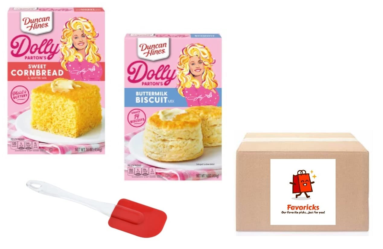 Duncan Hines Dolly Parton Buttermilk Biscuit and Sweet Cornbread Mix Set Plus Silicone Spatula Packaged by Favoricks