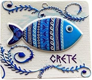 Greek Decorative Fish Wall Art, Ceramic Tile with Blue Mediterranean Design, Crete Souvenir