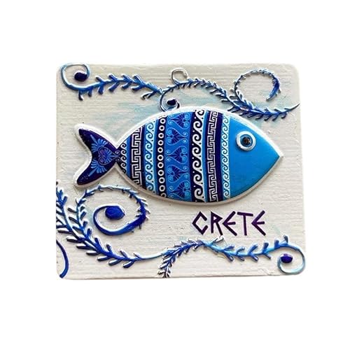 Greek Decorative Fish Wall Art, Ceramic Tile with Blue Mediterranean Design, Crete Souvenir