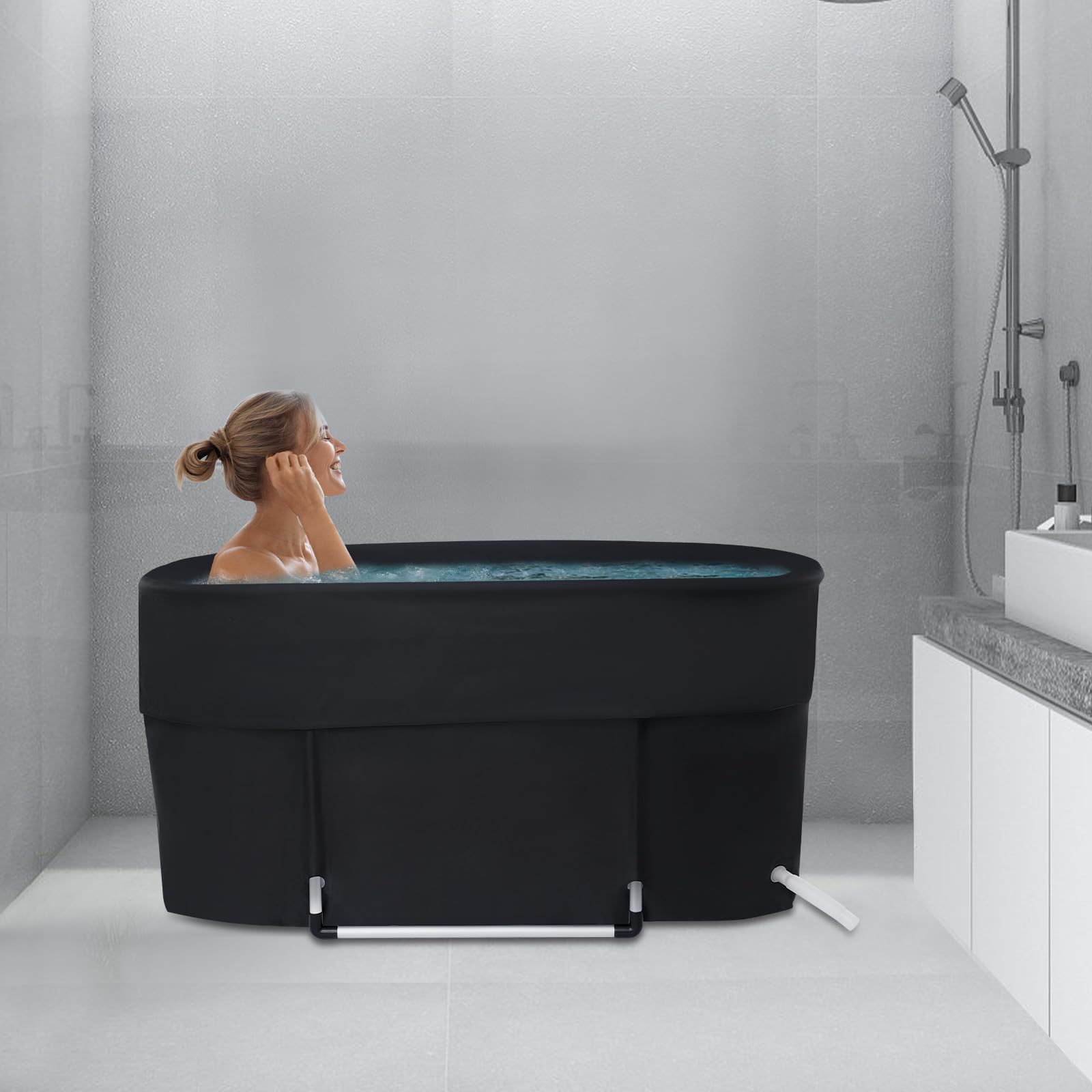 Bañera portátil de 150 kg, capacidad de carga para remojar, baño de hielo, 115 x 57 x 55 cm, tubo de desagüe de suelo, aislamiento de 6 capas, 32-122 °F, ideal para el hogar, relajación, autocaravana