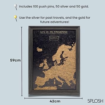 Splosh Travel Map - Small Europe Map Pin Board in Black with a Wooden Frame and 100 Pins in 2 Colours to Mark Your Past & Future Adventures