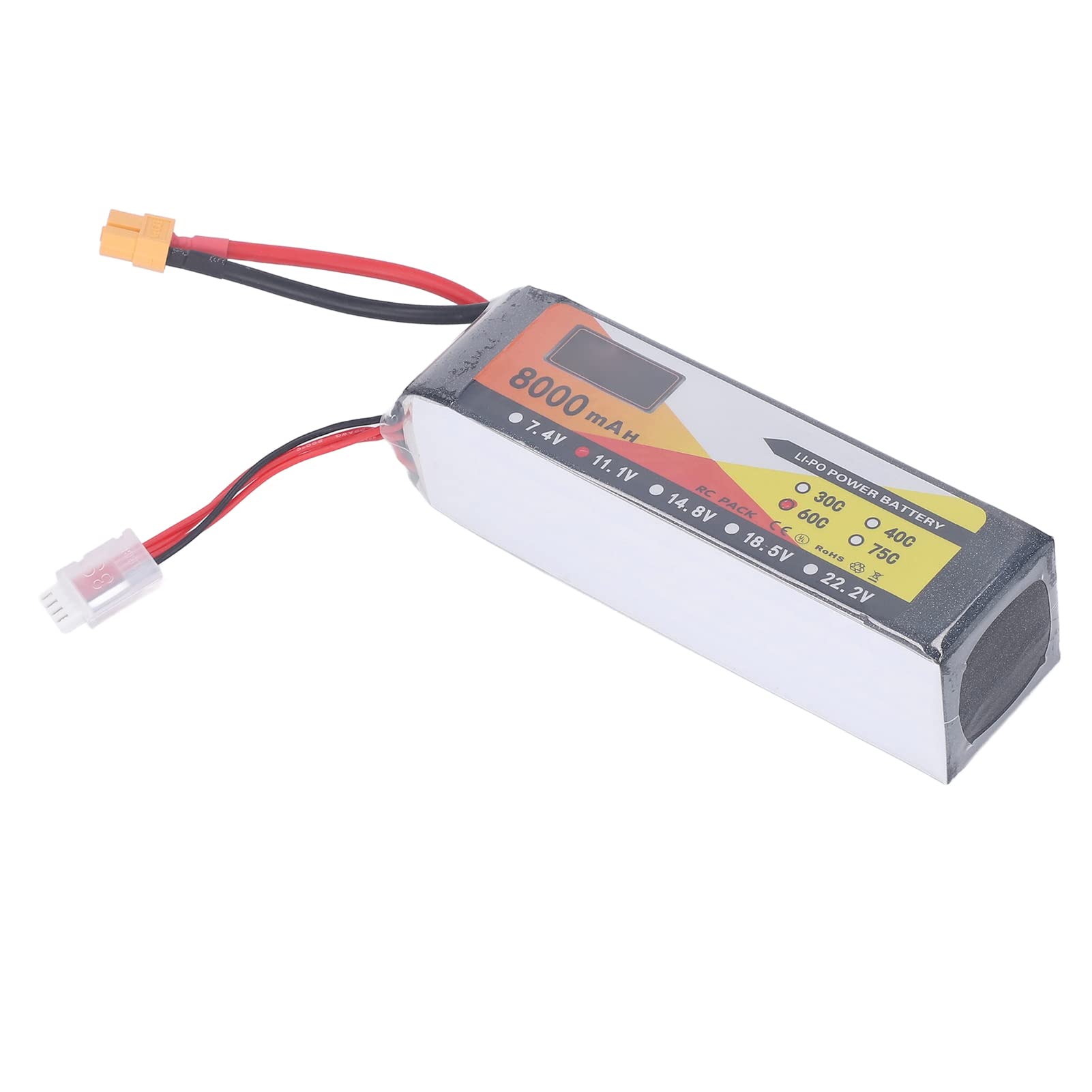 Batteria Lipo da 8000 mAh con tasso di scarica 60C, 11,1 V 3S, connettore XT60, ideale per modellismo di auto e elicotteri radiocomandati.