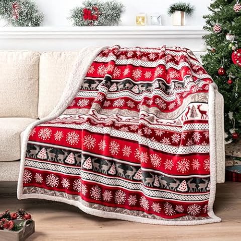 PAVILIA Premium Christmas Sherpa Throw Blanket | Christmas Decoration Reindeers, Fleece, Plush, Warm, Cozy Reversible Microfiber Holiday Blanket 50 x 60 Cover