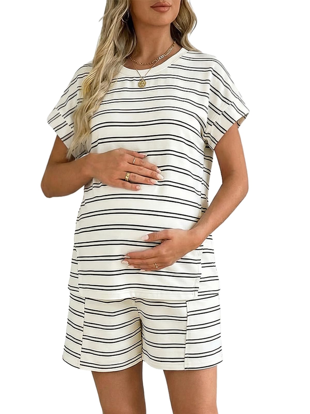 BLENCOT Womens Maternity Two Piece Lounge Set Textured Striped Tee Top and Shorts Pregnancy Summer Outfits