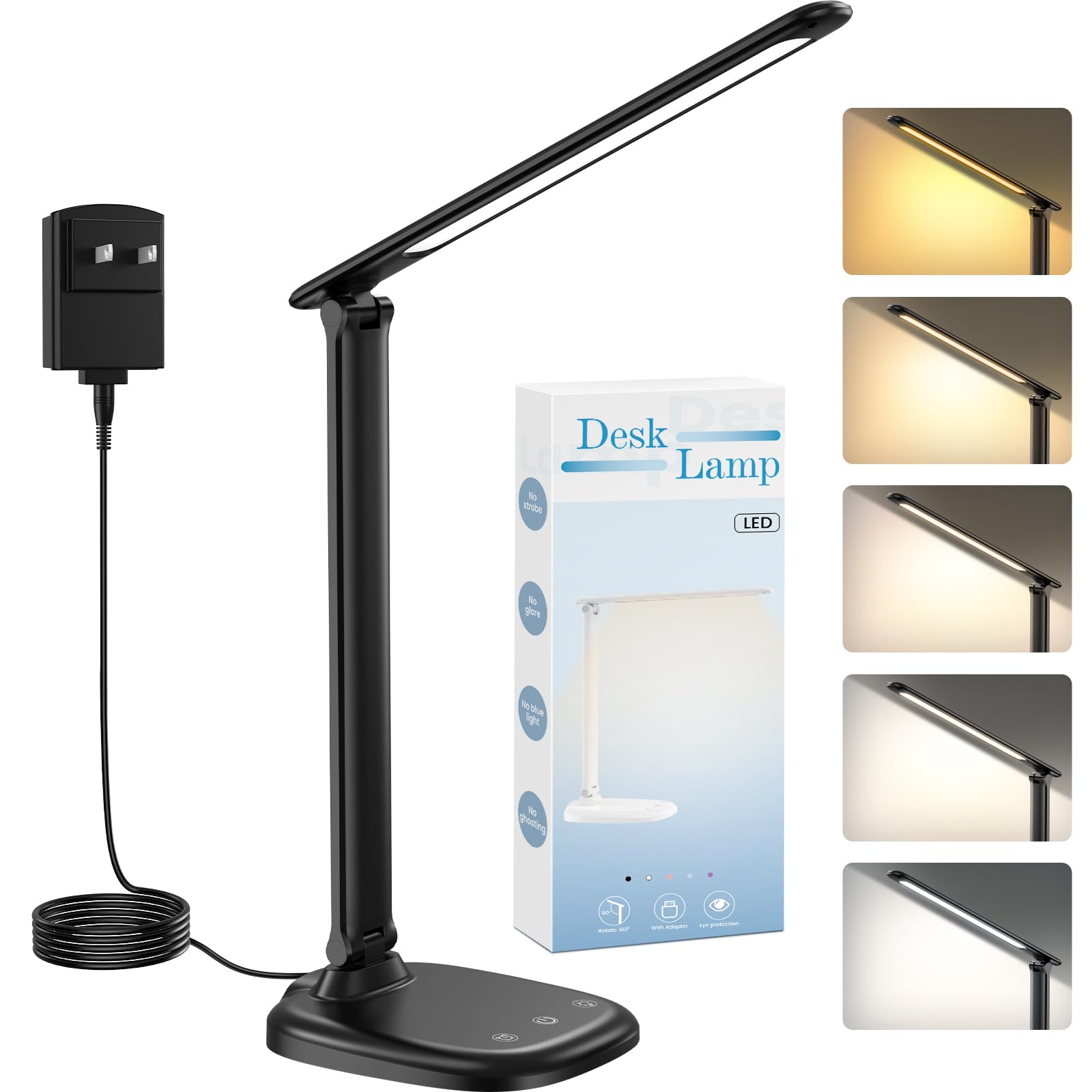 Photo 1 of Desk Lamp with Charger, 10%-100% Stepless Dimmable & 5 Color Modes Study Lamp, Touch Control, 30-/60-minute Timer, USB Charging Output Port, CRI?90, Eye-Caring Foldable LED Desk Lamps for Home Office