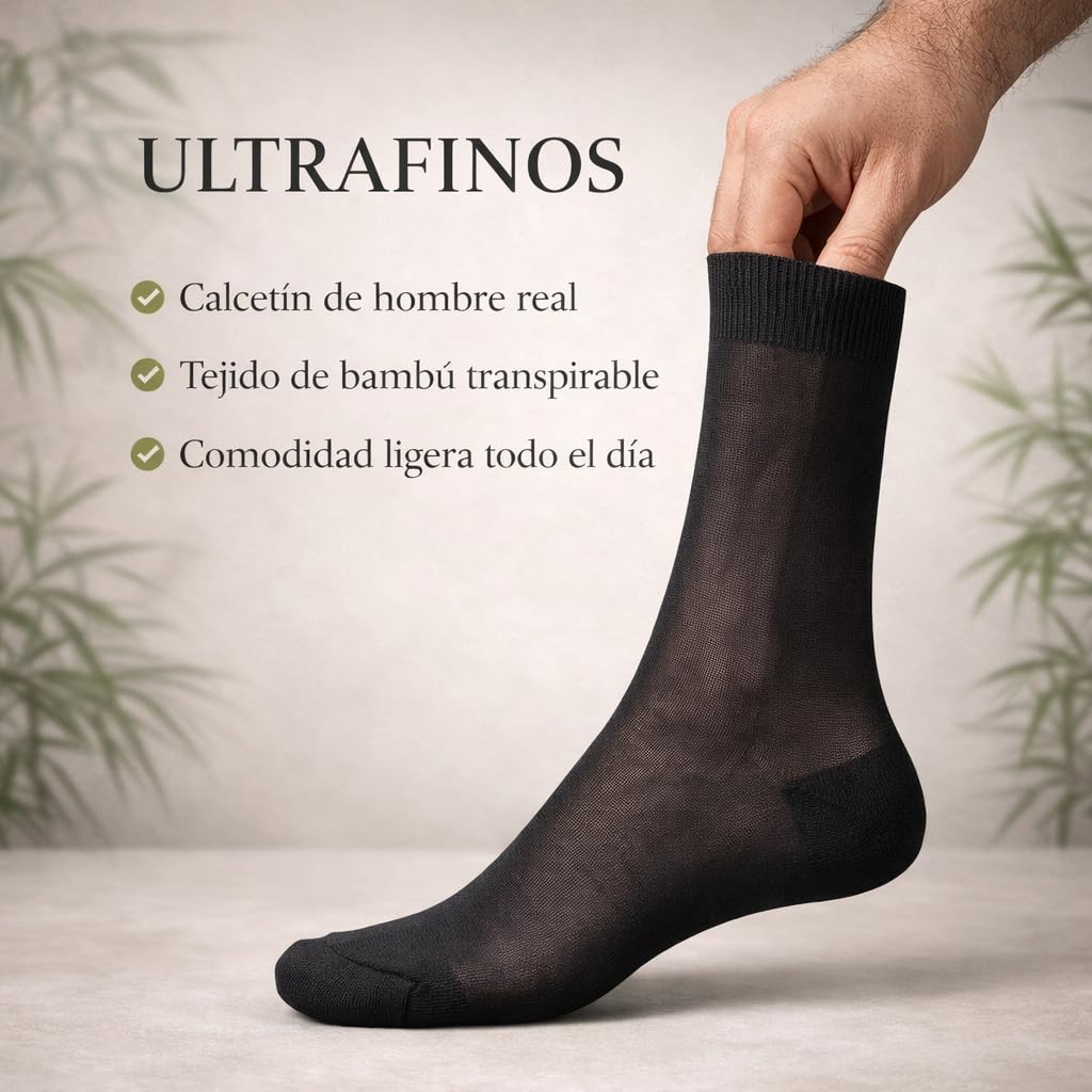 Calcetines de Bambú para Hombre, Pack de 4 Pares, Sin Costura, Transpirables y Suaves, Calcetines Ejecutivos Finos, Antiolor y Antibacterianos, Negro, Talla 40-46