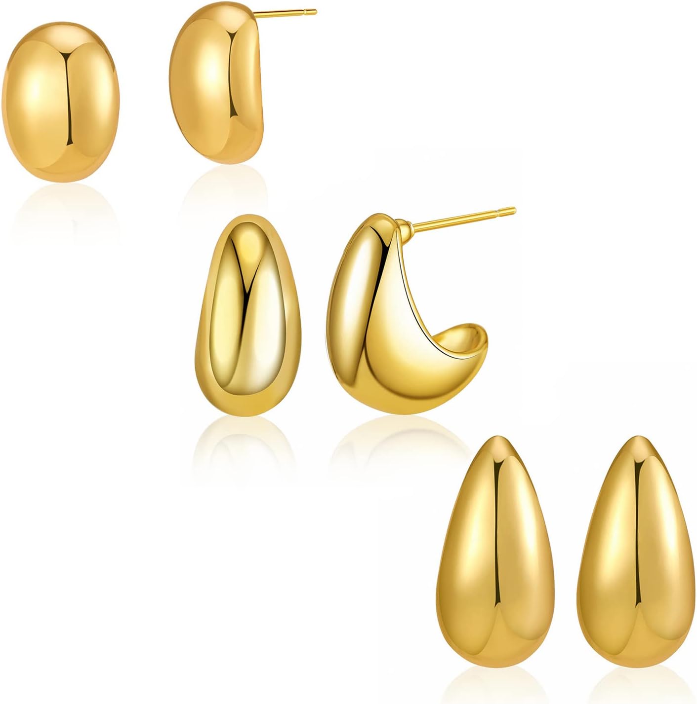 KalapureGold Chunky Hoop Earrings Set for Women Girls 18K Gold Lightweight Hypoallergenic Thick Open Huggie Hoops Earrings Bean Teardrop Waterdrop Hoop Stud Earring High Polished