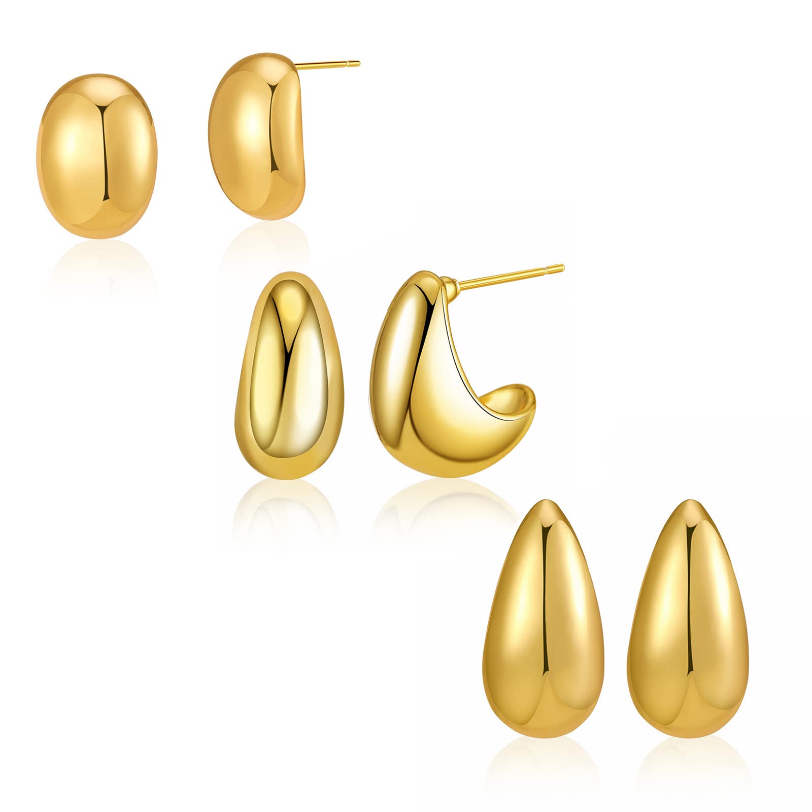 KalapureGold Chunky Hoop Earrings Set for Women Girls 18K Gold Lightweight Hypoallergenic Thick Open Huggie Hoops Earrings Bean Teardrop Waterdrop Hoop Stud Earring High Polished