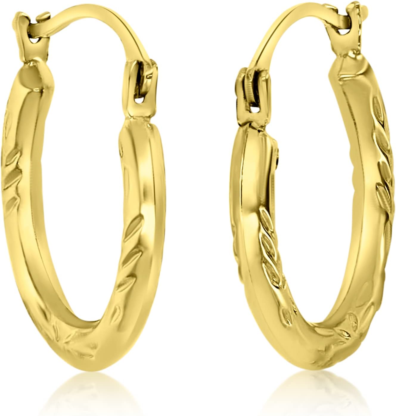 14K Yellow Gold 2x15mm Small Textured Designed Lightweight Huggie Hoop Earrings - Image 3