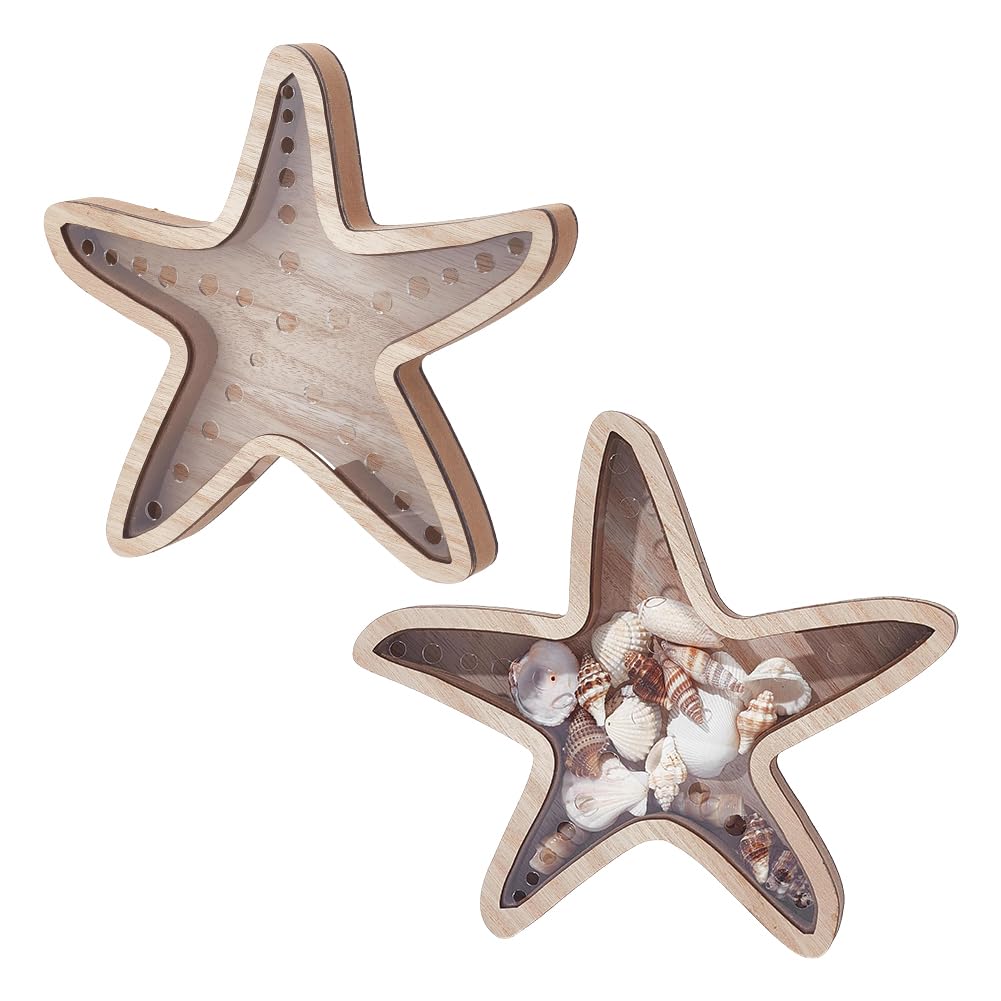 NBEADS 2 Pcs Starfish Shape Seashell Display Box, 18.5x20.4x2.1cm Wooden Shell Holder with Acrylic Panel, for Mini Shells Sea Glass Shark Tooth Home Decor