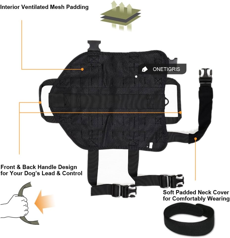 OneTigris Tactical Dog Training Vest Harness with Mesh Padding and Two Handles (Black-, L / 49cm)