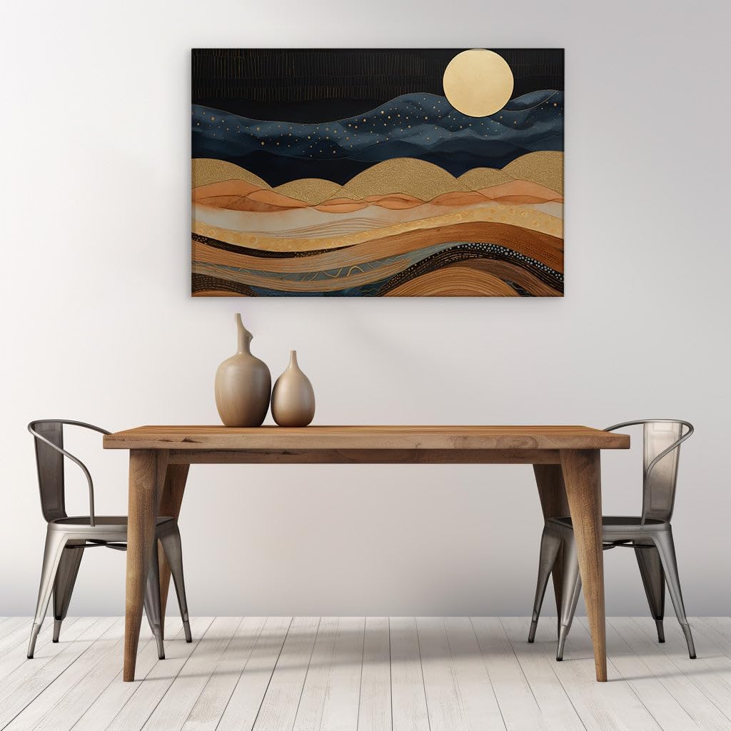 Canvas for Living Room. Whispers of Midnight Gold: Unveiling The Serenity of an Abstract Nocturnal Masterpiece, 27 x 18 inch Canvas Wall Art - Contemporary Masterpieces - Modern Home Decor