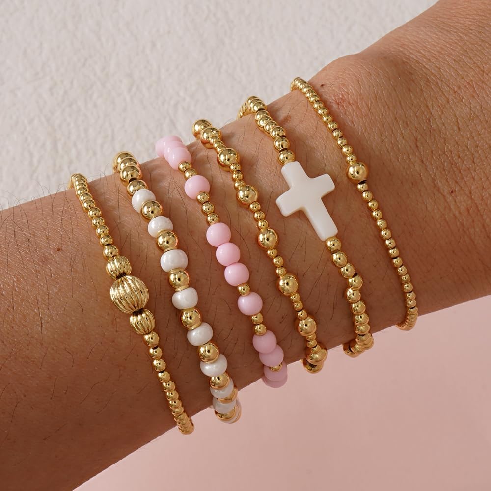 Christian Cross Gold Ball Bead Stackable Bracelets Set for Women, Handmade Boho Romantic Colorful Stretch Accessories Jewelry,God Christ Pray Daily Party Friendship Gift - Image 2