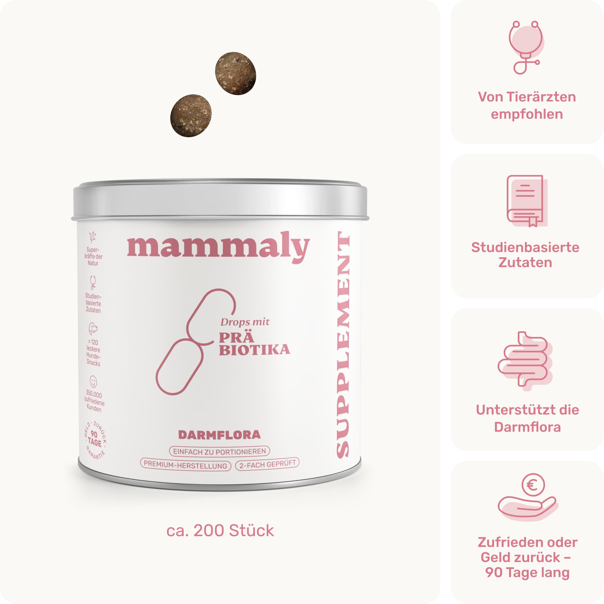 mammaly Probiotika-Drops für Hunde 340g - Verdauungssnacks für Magen Darmflora Aufbau (bei Durchfall, Sodbrennen & Gras fressen) Alternative-Leckerlie zu Heilerde, Kohletabletten als leckere Snacks