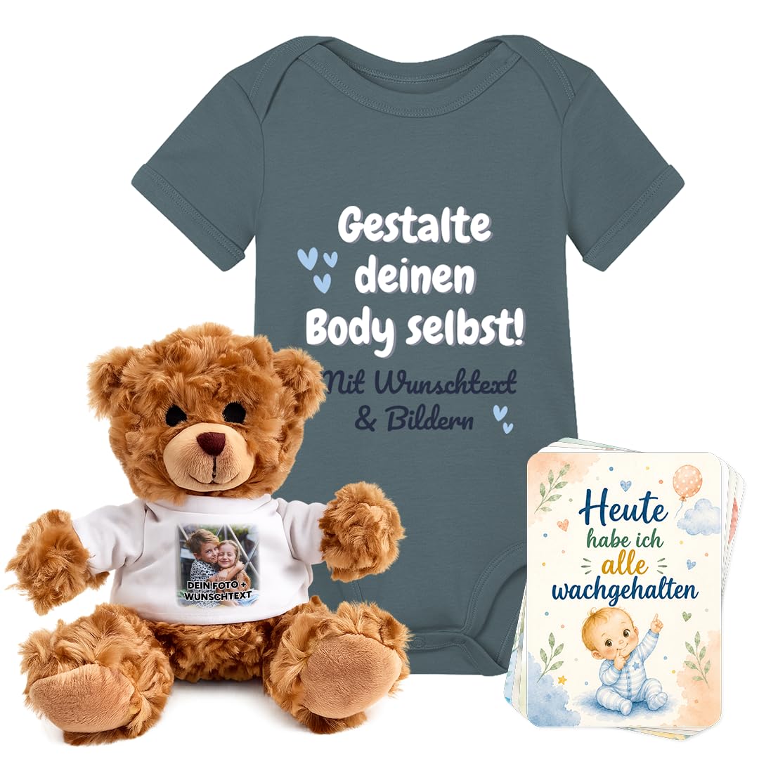 Baby Geschenkset personalisiert mit Babybody & Teddybär frei gestaltbar mit Name & Bild, inkl. Meilensteinkarten, Geschenk zur Geburt, Babyparty Geschenk, Taufe, Neugeborene