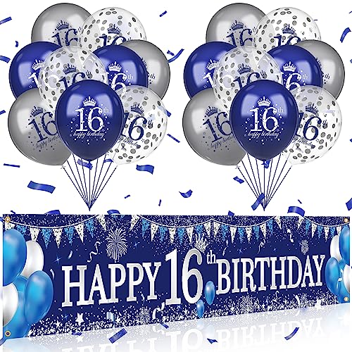 Image of Blue Silver 16th Birthday Banner and Balloons for Indoor /Outdoor Parties