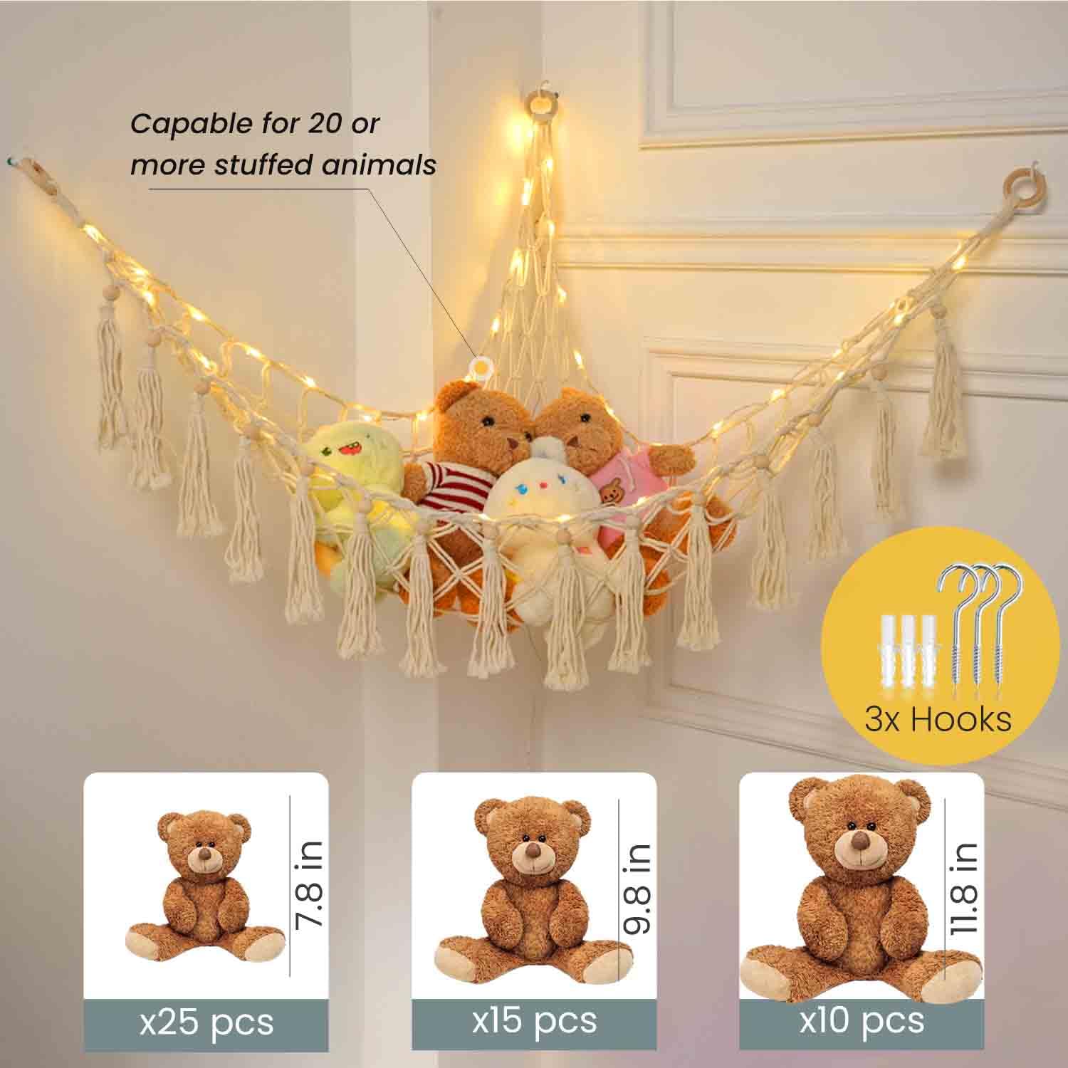 Hamaca de animales de peluche con 75 LED, hamaca de macramé de almacenamiento de juguetes extragrande de 55 pulgadas, red de juguetes colgante para dormitorio de niños, organizador de esquina de 6