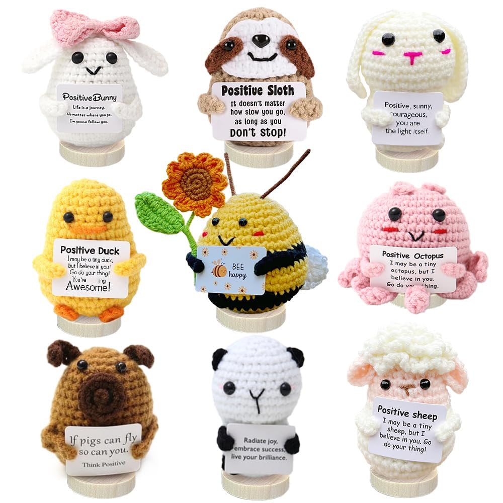 Hnqiqs 9PCS Positive Crochet Animals Bulk with Positive Messages Birthday Gifts for Women Men, Crochet Support Animals Anniversary Valentines Day