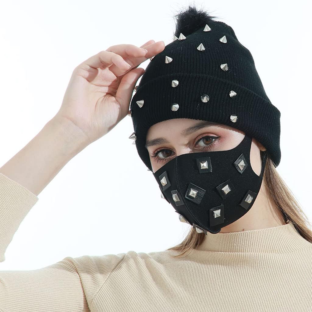 Punk Knitted Hat Black Acrylic Hat Rock Hiphop Winter Soft Warm Pom Bobble Knit Acrylic for Women, as the picture shows
