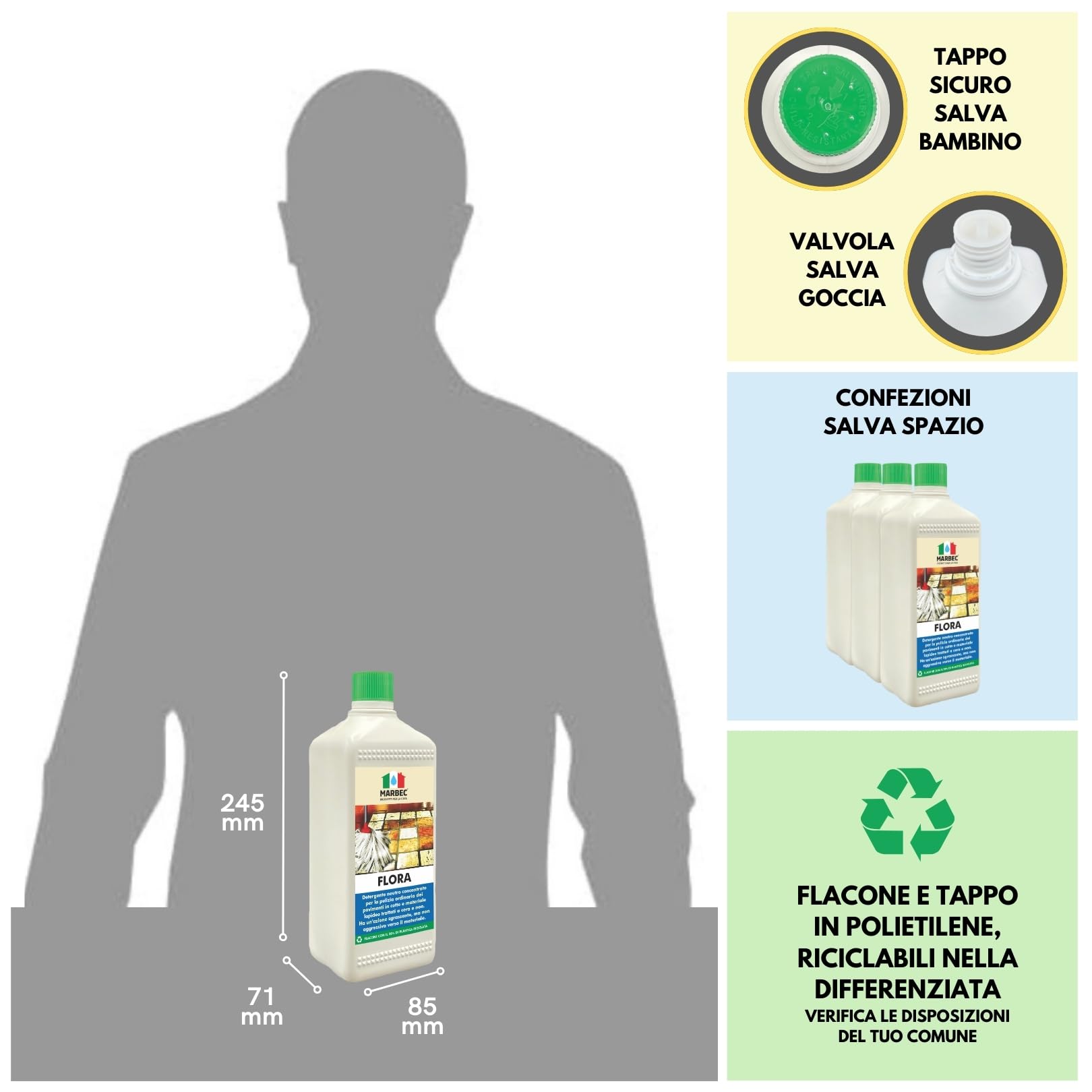 MARBEC FLORA 1LTX6PZ Detergente per pavimenti in cotto e materiali lapidei, ideale per la pulizia ordinaria di superfici trattate e non.