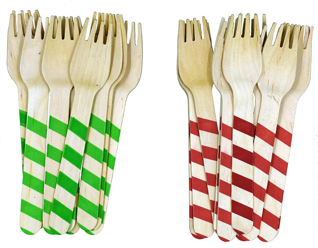 Perfect Stix Red And Green Striped Wooden Printed Forks. Pack of 50 Printed Forks in Red And