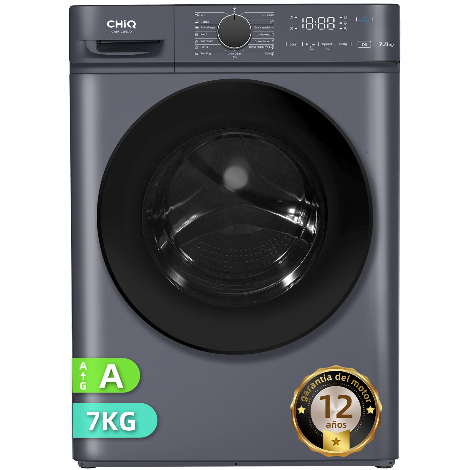 CHiQ Lavadora 7kg CW07123863AX Carga frontal - Clase A, Motor inverter,BLDC 1200 RPM, Vapor y Lavado rápido, 15 Programas, Diseño compacto (60x46,5x84cm) - Gris moderno