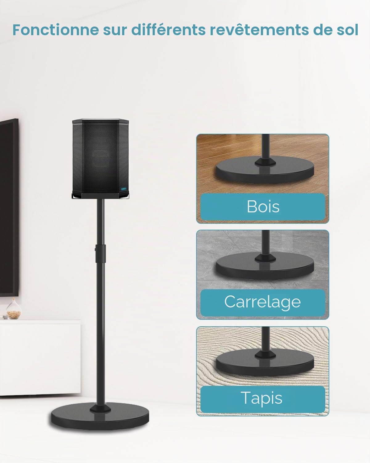 Support réglable compatible avec Bose S1 Pro / S1 Pro Plus - Hauteur réglable de 114 à 137 cm - Haut-parleurs jusqu'à 9 kg - Support de sol pour Bose S1 Pro avec gestion des câbles