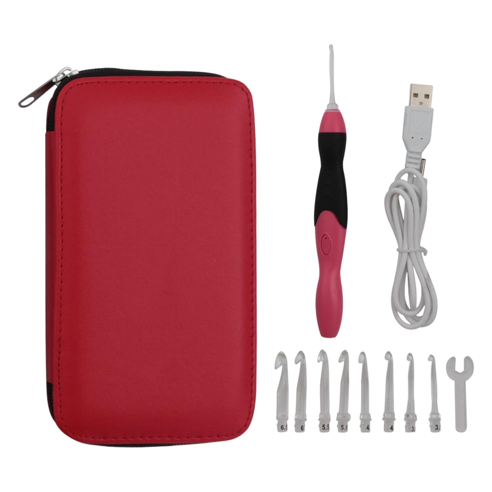 Juego de 5 agujas de ganchillo iluminadas, 9 piezas, herramientas de tejer recargables por USB, con funda, color rojo