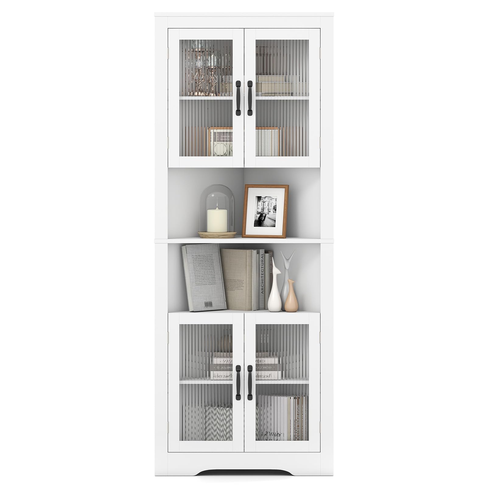 LIFEZEAL Hochschrank Eck, Aufbewahrungsschrank mit Glastüren, Mehrzweckschrank mit 3-Fach verstellbaren Regalen, Badschrank Modern für Küche, Bad, Wohnzimmer (Weiß)
