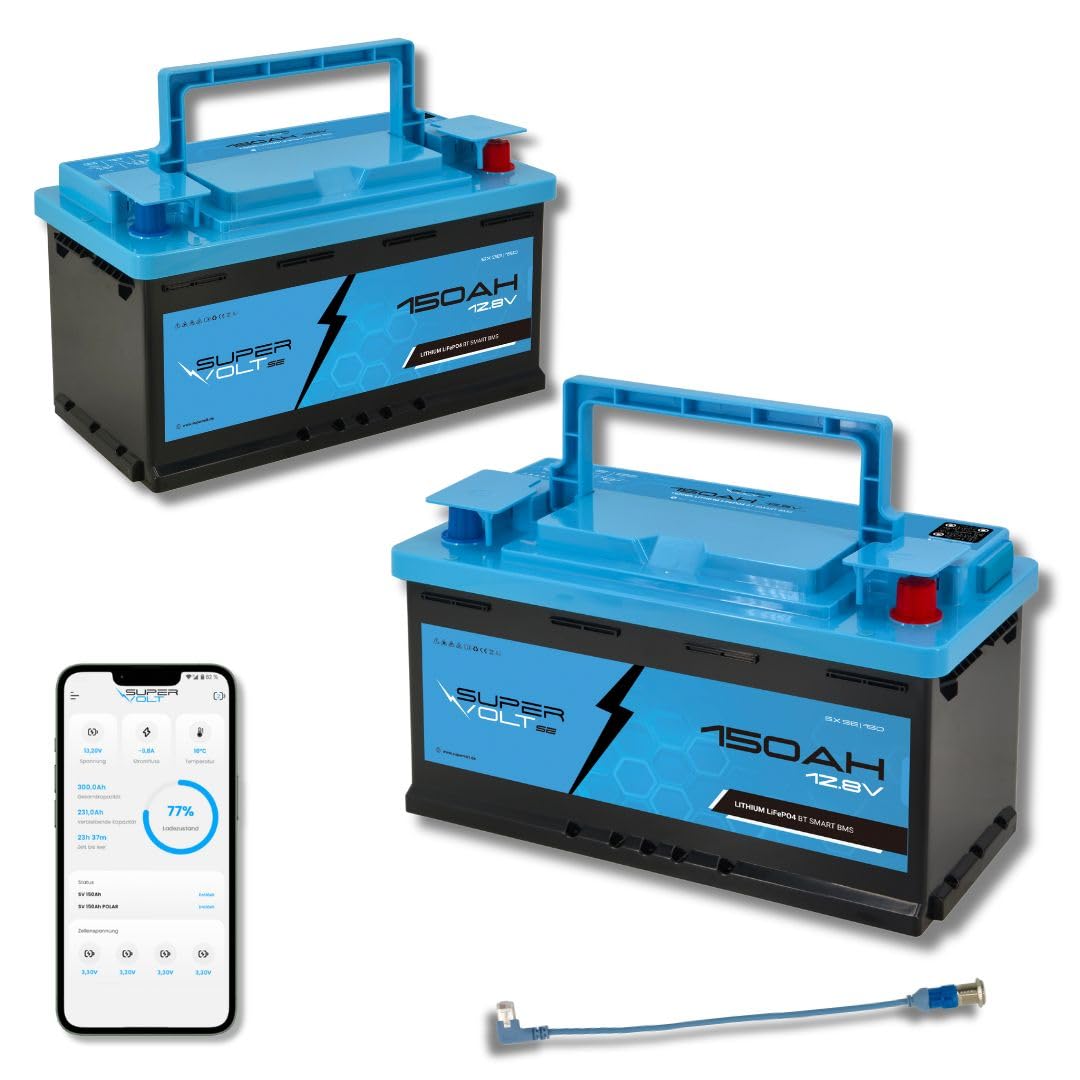 LiFePO 2 batterie al litio da 12 V, 150 Ah, capacità utilizzabile al 100%, Smart BMS e Bluetooth, dimensioni Plug & Play DIN, per camper, camion, barca, solare