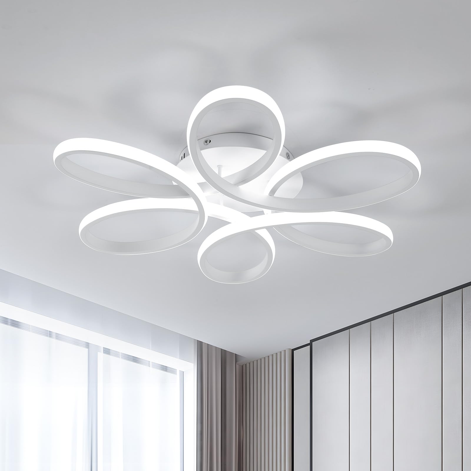 Dorlink Plafoniera LED Soffitto Moderna, 75W 6750LM Lampadario LED Camera da Letto, Lampadario Soggiorno Fiore Curvo, Lampadario LED, Lampadari LED Cucina 6500K Bianco Freddo, Ø59CM