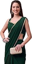 SATAZ Women's Ready to Wear Bottle Green Georgette 1 Minute Pre Pleated Mirror Lace Saree with Unstiched Blouse