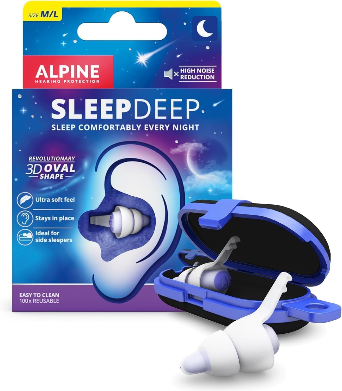 Alpine SleepDeep zatyczki do uszu do spania - Nowy owalny kształt 3D - Wbudowany żel redukujący hałas - maksymalny komfort i tłumienie - zatyczki redukujące hałas z miękkimi filtrami - Rozmiar M/L