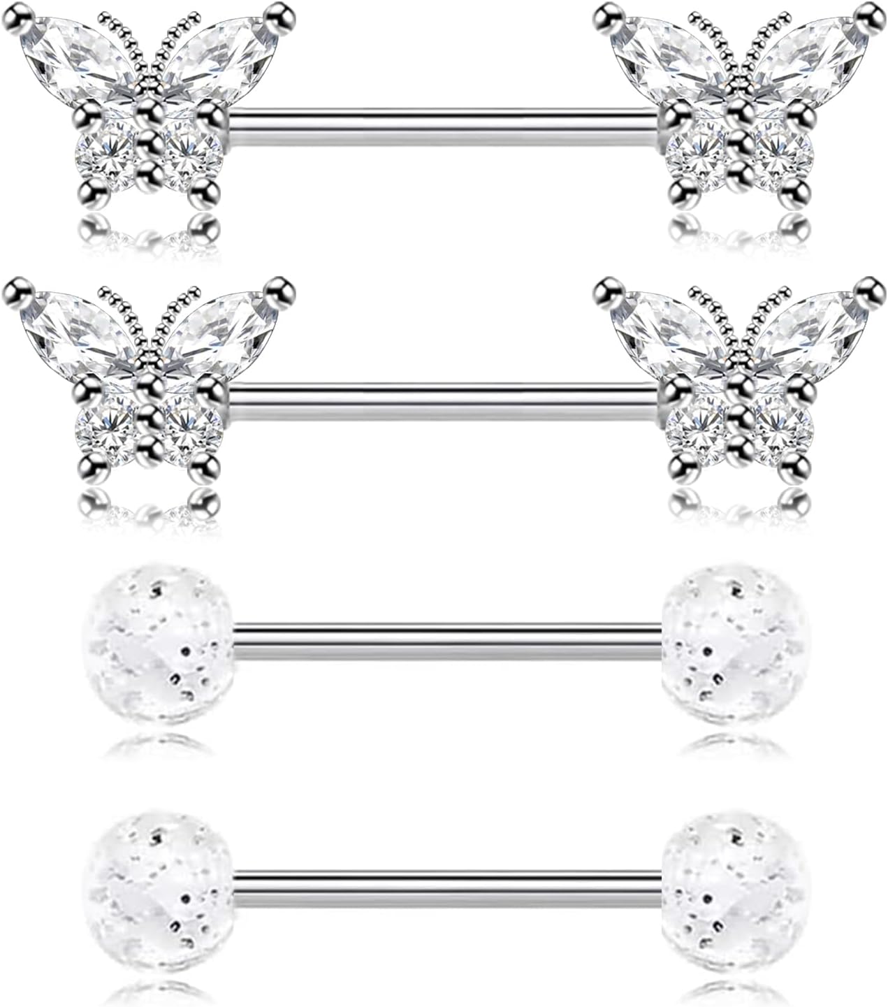 2 Pairs 14G Nipple Rings 316L Stainless Steel Butterfly Nipple Barbell CZ Nipple Rings Set Nipplerings Piercing Jewelry for Women