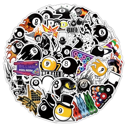 50 Pcs Dynamic Billiards Stickers, 1.96-3.15inch Cartoon Sports Equipment Decorative Stickers, Self-Adhesive for Scrapbooking, Billiard Room Decoration, Sports Theme Setup(Billiards)