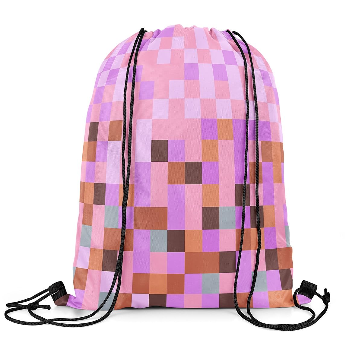 Castle Fairy Pixel Grid Theme String Bag 16X13 Inch Video Gaming Blocks Sports Backpack Birthday Gifts Geometric Colorful Plaid Lattice Pink Purple Drawstring Bags for Women Gym Shopping Sport Yoga