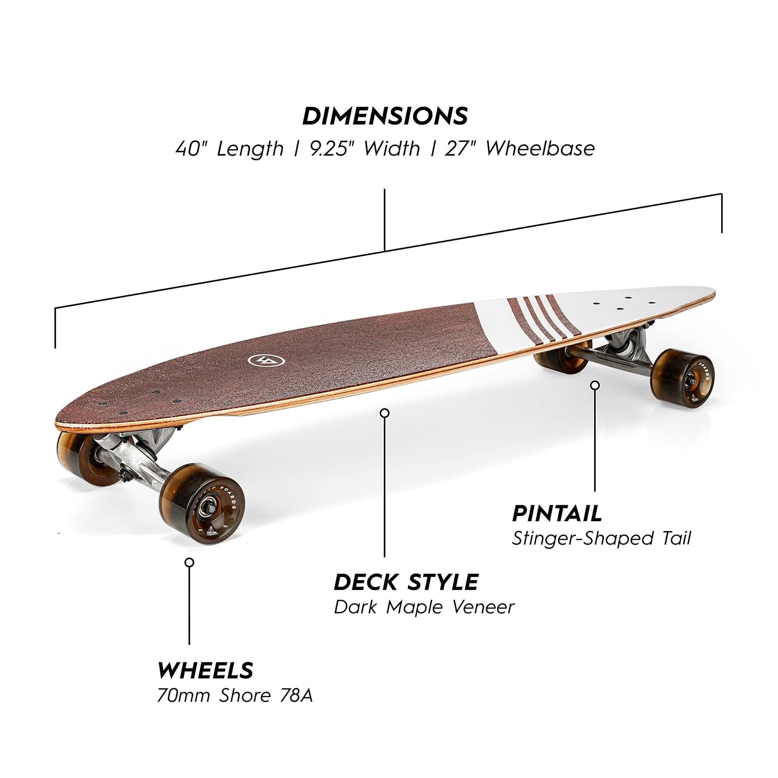 Magneto 40 Inch Pintail Longboard Skateboard | Dark Stained Hard