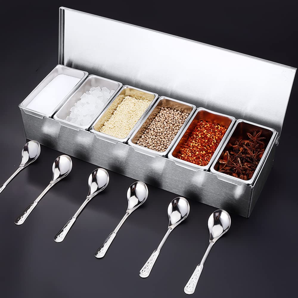 Contenitore per ingredienti con 6 inserti per spezie, in acciaio inox, con coperchio