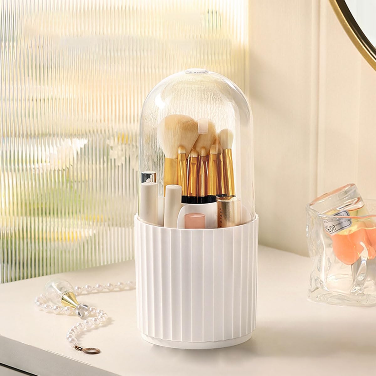 Terafeels Makeup Brush Holder with Lid 360° Spinning Make up Stand 5 Slot Brushes Cup and Pencil Pen Holder for Vanity Decor Bathroom Countertops Desk Storage Container Cosmetic Display Cases - Image 2
