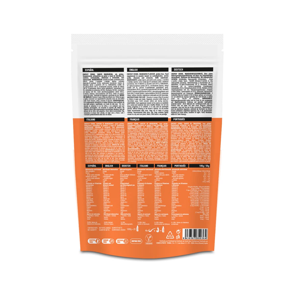 226ERS Energy Drink | Bebida Energética en Polvo con Amilopectina, Taurina y L-Carnitina, Sin Gluten y Sin Lactosa, Mandarina - 1 kg