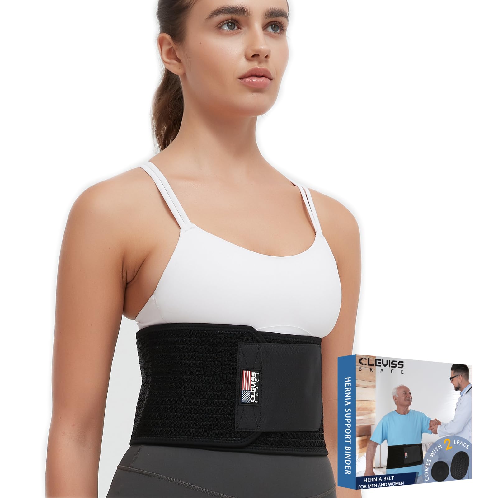 Photo 1 of Umbilical Hernia Belt - Ergonomic Abdominal Binder Adjustable Truss Support with 2 Compression Pads for Naval, Ventral, Incisional, Epigastric, Belly Button Hernias, Pre Post Surgery(Black L-XL)