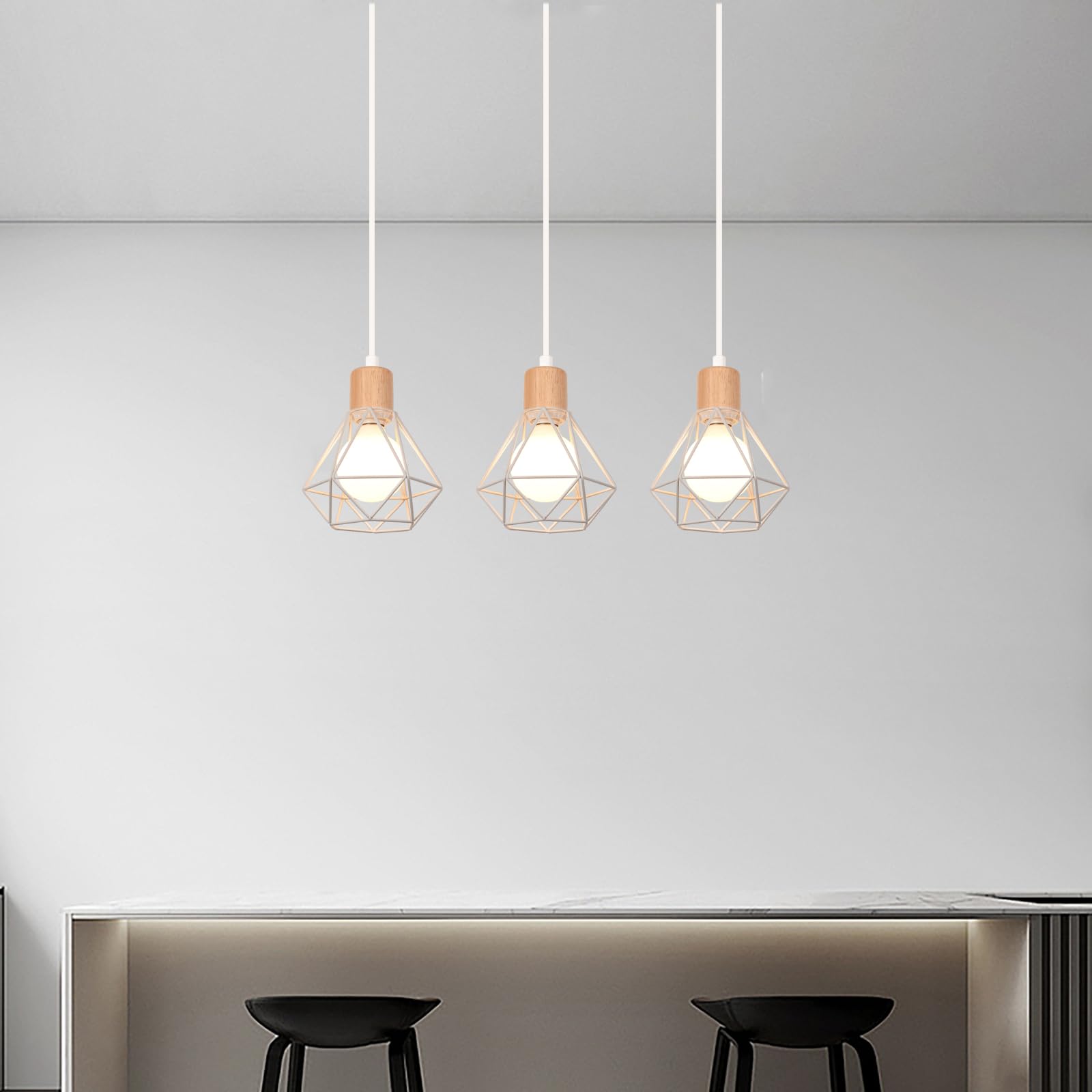 iDEGU 3 Luci Lampadario Industriale in Metallo Legno Lampada da Soffitto Stile Gabbia Bianco Illuminazione E27 Lampada a Sospensione Vintage per Sala da Pranzo Cucina Soggiorno Caffè (Barra)