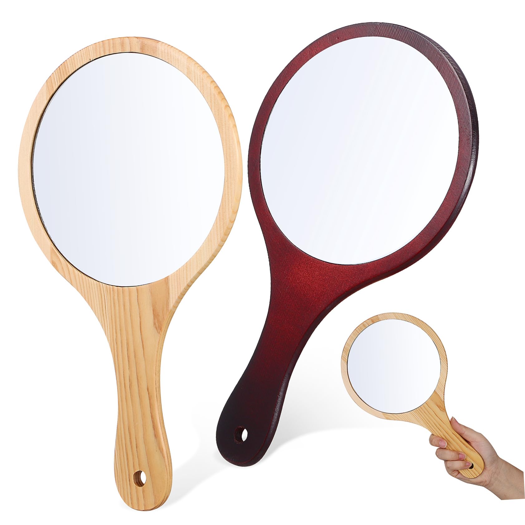 Ipetboom Portable Small Round Mirrors 2pcs Vintage Hand Mirrors Wooden Handle Large Viewing Area for Travel