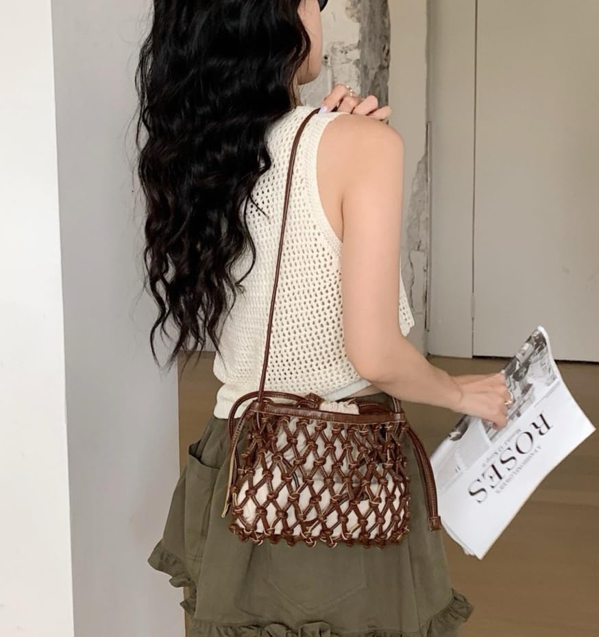 Leather Hollow Cloud Bag Shoulder Messenger Bag Handbag Summer Beach Seaside Vacation Handwoven Clutch Drawstring3